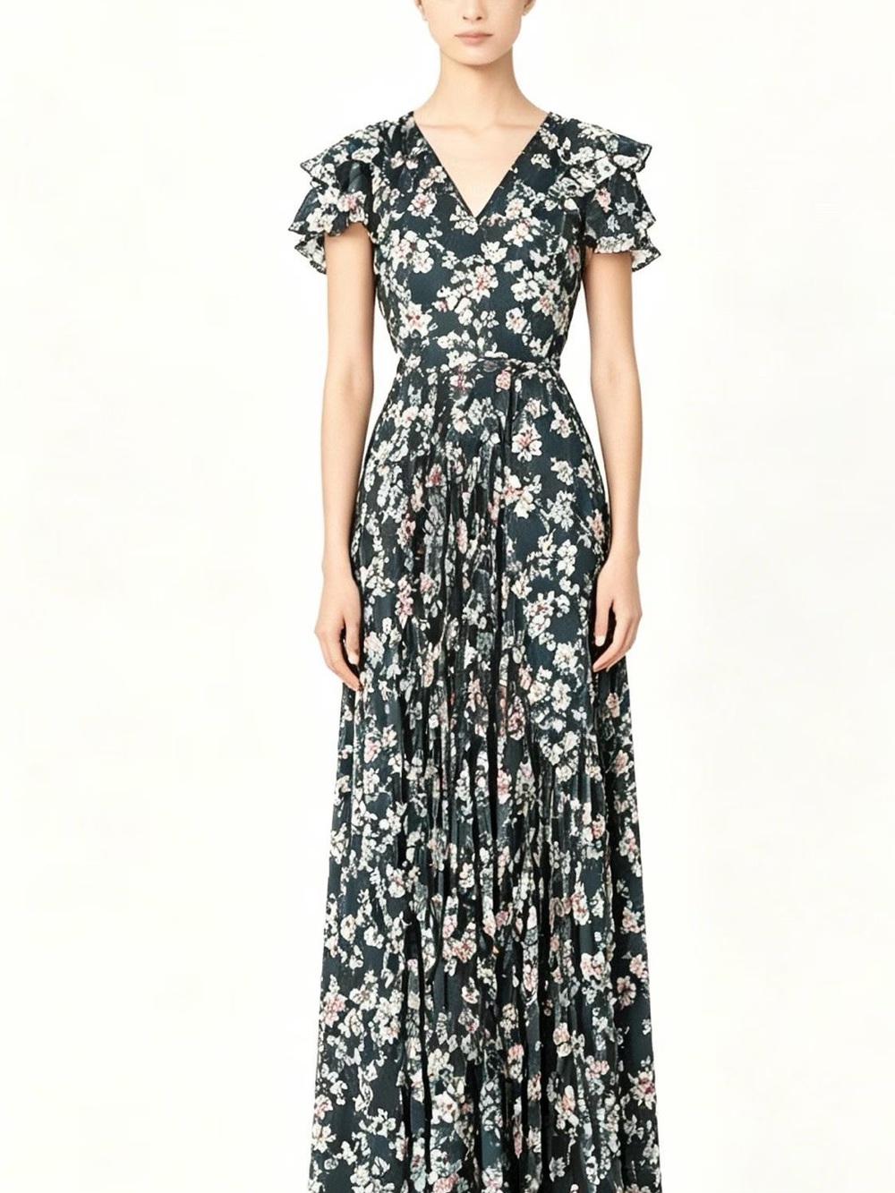 Designer-Inspired Floral Pleated Wrap Maxi Dress Ruffle Sleeve